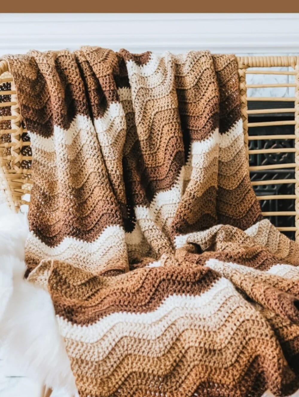 Mocha Ripple Afghan Blanket Boho Cozy Stripe Crochet Throw Blanket Brown Cottage